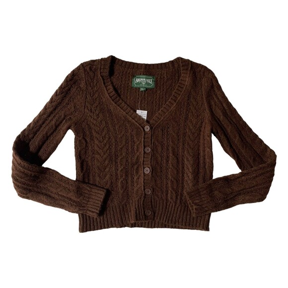 New! American Eagle Outfitters Chunky Brown Knit Cropped Cardigan Women’s Sz XS - Picture 5 of 11